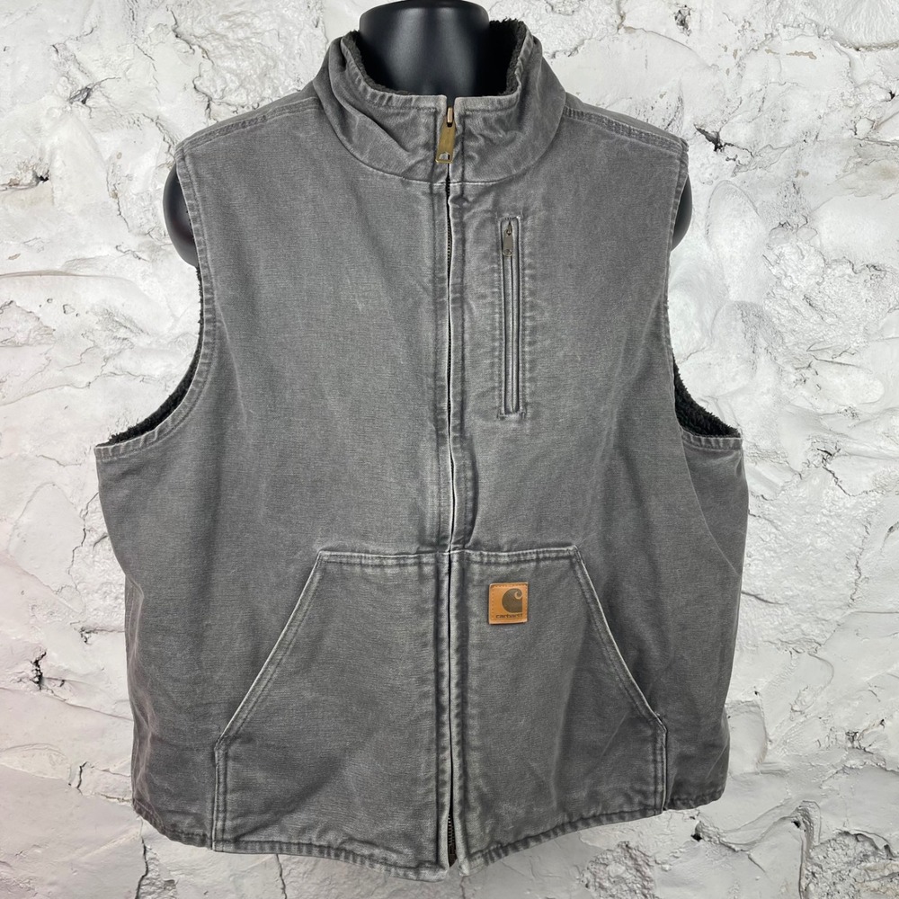 Carhartt Mens XL Sherpa Lined Mock Neck Vest Gray Canvas Duck Workwear V02 GRA